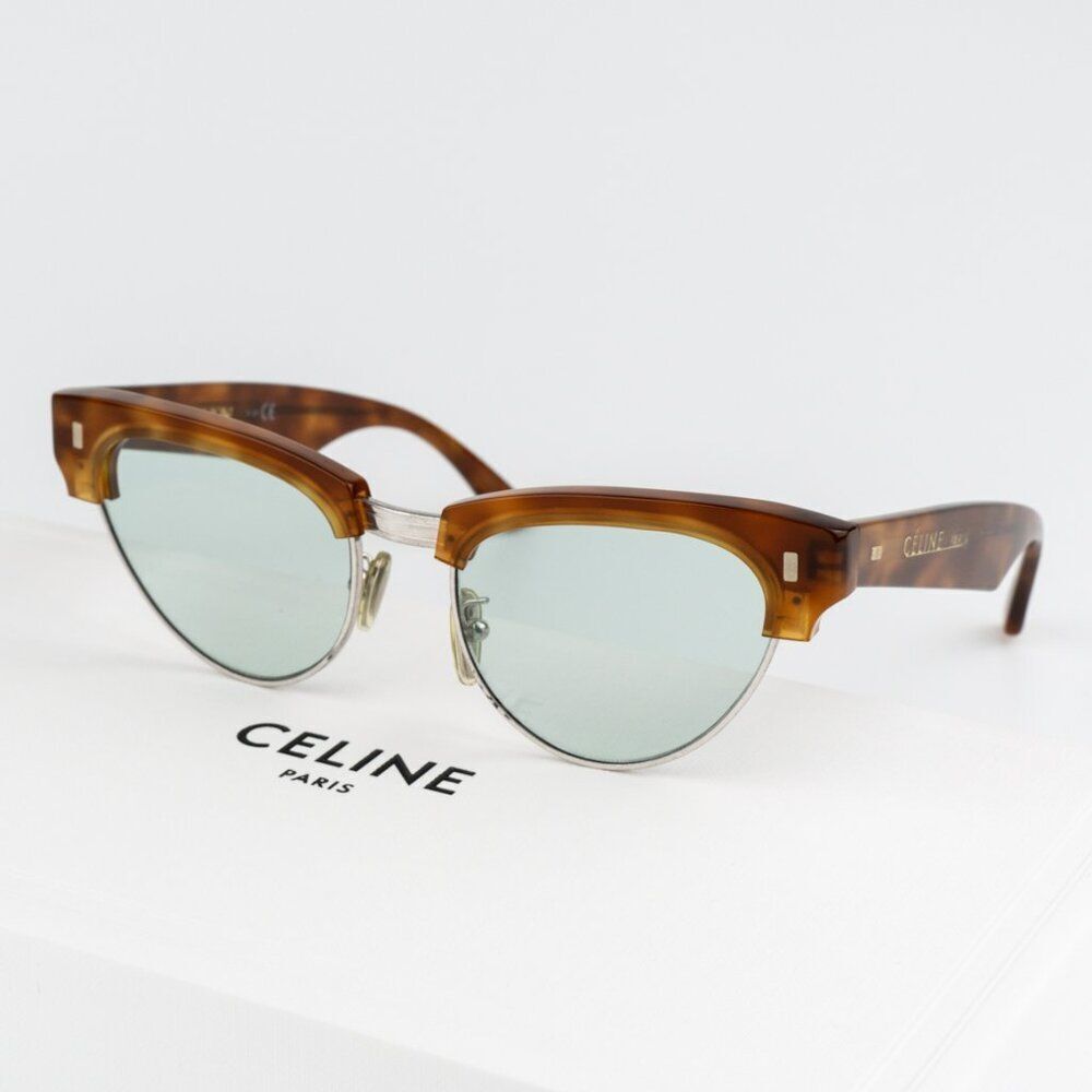 NEW Celine CL40059U 18N Shiny Rhodium Havana Green Women Cat Eye Sunglasses - Picture 2 of 12